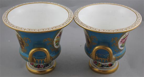 A pair of Copeland and Garrett gilt and turquoise porcelain campana urns, c.1840, 19cm